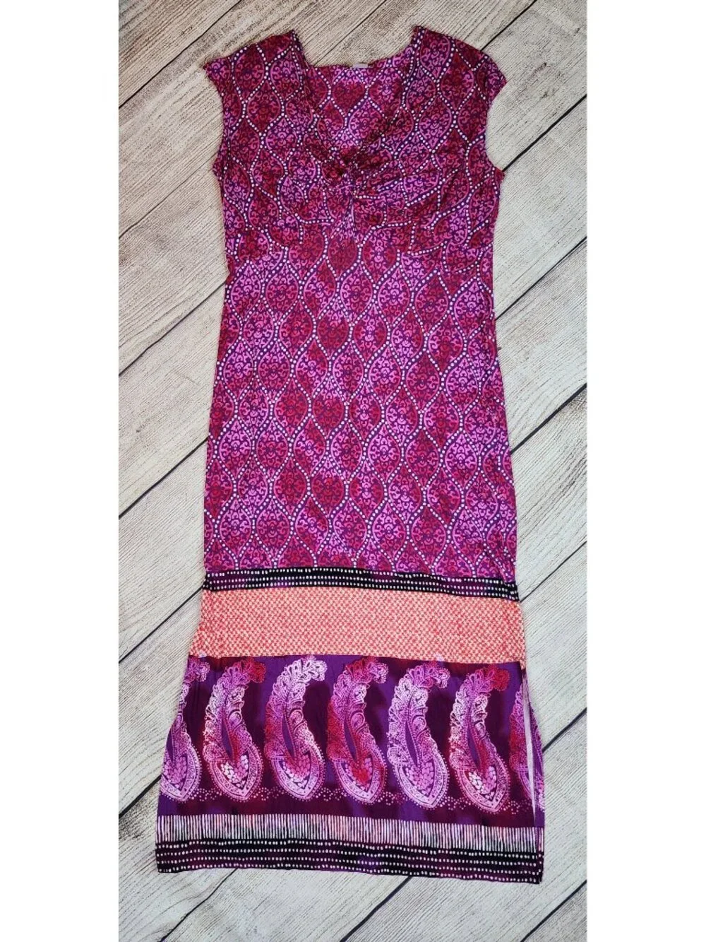 Chico's Vibrant Pink Purple Knot Front Paisley Maxi Dress Size 2 (12/14) Boho - Picture 10 of 12